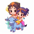 cartoon character sticker of two little girls playing with cowherd generative AI