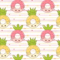 Cute cartoon character strawberry donut and pineapple donut funny seamless vector pattern illustration on striped background Royalty Free Stock Photo