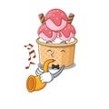 Cartoon character style of ice cream sundae performance with trumpet Royalty Free Stock Photo