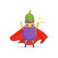 Cartoon character of superhero eggplant with hands up