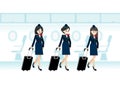 Cartoon character with three beautiful air hostess holding travel bag on jet passenger and the seat flight