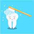 Cartoon character tooth. Vector flat illustration of teeth cleaning. Brushing your teeth with toothbrush. Nice healthy tooth