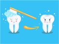 Cartoon character tooth. Vector flat illustration of teeth cleaning and whitening. Brushing your teeth with toothbrush. Tooth