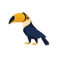 Cartoon character of toucan. Tropical bird with big brightly orange beak. Fauna theme.Flat vector element for promo