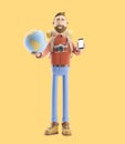 Cartoon character tourist stands with a large map pointer and globe. 3d illustration. Concept of traveling.