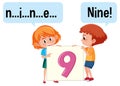 Cartoon character of two kids spelling the number nine