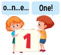 Cartoon character of two kids spelling the number one