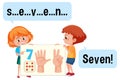 Cartoon character of two kids spelling the number seven