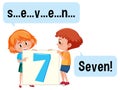 Cartoon character of two kids spelling the number seven