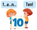 Cartoon character of two kids spelling the number ten