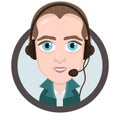 Cartoon character, vector drawing portrait boy call center operator, icon, sticker. Man with big eyes with a headset, headphones a Royalty Free Stock Photo