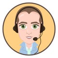 Cartoon character, vector drawing portrait boy call center operator, icon, sticker. Man with big eyes with a headset, headphones a Royalty Free Stock Photo