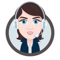 Cartoon character, vector drawing portrait girl call center operator, icon, sticker. Woman brunette with big eyes with a headset, Royalty Free Stock Photo