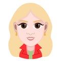 Cartoon character, vector drawing portrait girl, female smile facial emotion, woman avatar, icon, sticker. Cute girl blonde with b