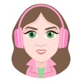 Cartoon character, vector drawing portrait girl in headphones listen to music, smile emotion, icon, sticker. Woman brunette big gr