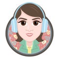 Cartoon character, vector drawing portrait girl in headphones listening to music, smile icon, sticker. Woman big brown eyes in rou