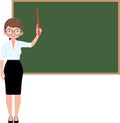 Cartoon vector woman teacher with school pointer standing at the blackboard