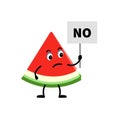 Cartoon character watermelon, holding a sign with the word NO. Royalty Free Stock Photo