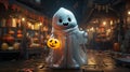 A cartoon character wearing a ghost garment holding a pumpkin