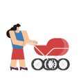 Cartoon character woman with baby cart baby stroller waiting queue up for boarding airplane or check in