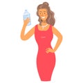 Cartoon character of a woman with a bottle of water.Funny lady in a bright red dress is holding a bottle of water to