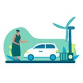 Cartoon character of woman charging her electric car