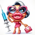 A cartoon character of a woman after a cosmetic procedure of injecting Botox into her lips