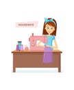 Woman housewife characters. Woman housewife knits, sews sitting at table. Royalty Free Stock Photo