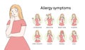 Cartoon character woman infographics with allergy symptoms. Symptoms of disease. Lacrimation, headache, nausea, vomiting, rash