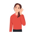 Cartoon character of woman listening to gossip or hearing news. Flat design