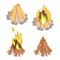 Cartoon character wooden logs and campfire isolated on white background