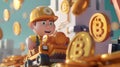 Cartoon character worker moving alot of bitcoins