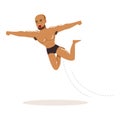 Cartoon muscularity wrestler in high flying action