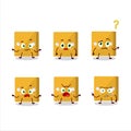 Cartoon character of yellow dice with what expression