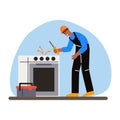 Cartoon character of young black man installing new kitchen stove Royalty Free Stock Photo