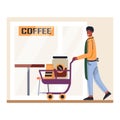 Cartoon character of young dark male barista carrying coffee beans in trolley