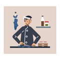 Cartoon character of young man in uniform making sushi Royalty Free Stock Photo