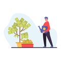 Cartoon character of young man watering money tree Royalty Free Stock Photo