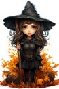 cartoon character young witch girl in hat and black costume for celebrating Halloween on white isolated background Royalty Free Stock Photo