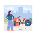 Cartoon character of young woman charging her electric bike Royalty Free Stock Photo