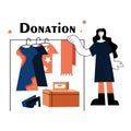 Cartoon character of young woman collecting clothing for charity