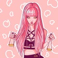 Cartoon character of a young woman with pink hair holding a balance in her hands. Conceptual art of libra zodiac sign