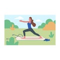 Cartoon character of young woman practicing yoga outdoors