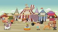 Cartoon characters and animals in front of retro circus Royalty Free Stock Photo