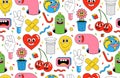 Cartoon characters background. Seamless pattern with funny stickers and patches in trendy retro cartoon style. Royalty Free Stock Photo