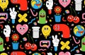 Cartoon characters background. Seamless pattern with funny stickers and patches in trendy retro cartoon style. Royalty Free Stock Photo