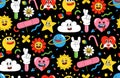 Cartoon characters background. Seamless pattern with funny stickers and patches in trendy retro cartoon style.