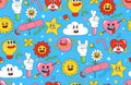 Cartoon characters background. Seamless pattern with funny stickers and patches in trendy retro cartoon style. Royalty Free Stock Photo