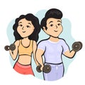 Cartoon characters boy and girl athletes with dumbbells in hands, fitness outline drawing. Cute sports woman and muscular man in Royalty Free Stock Photo