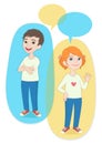 Cartoon characters boy and girl are talking, asking and answering questions, advising, helping Royalty Free Stock Photo